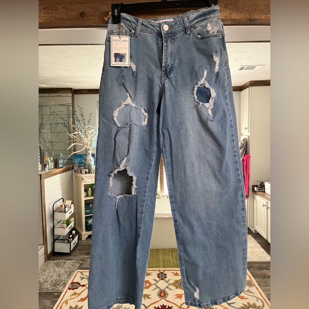 High rise wide leg jeans with holes size 8